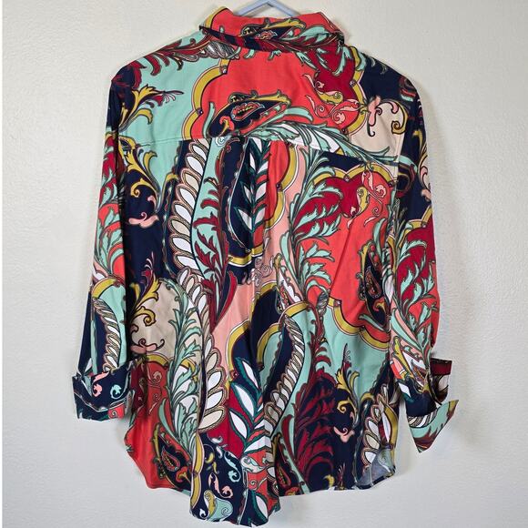 Chico's Blouse Women's 14 Multicolored Leaf Print Button Up Career Coastal Party - Picture 2 of 8